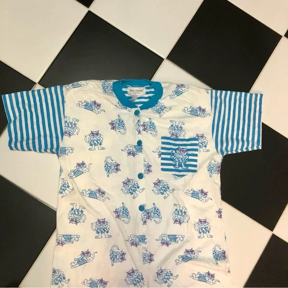 Vintage True Colors Sleepwear AOP All Over Pattern Cat Romper Pajamas size M - Picture 3 of 12